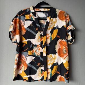 SHEIN sz M orange‎ black floral tropical Blouse